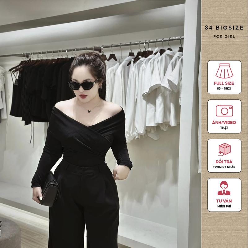  Áo thun chéo ngực 34AT013 34 BIGSIZE Áo thun bigsize dài tay trễ vai quyến rũ chất vải mềm mát co giãn thoải mái cho nữ bigsize 