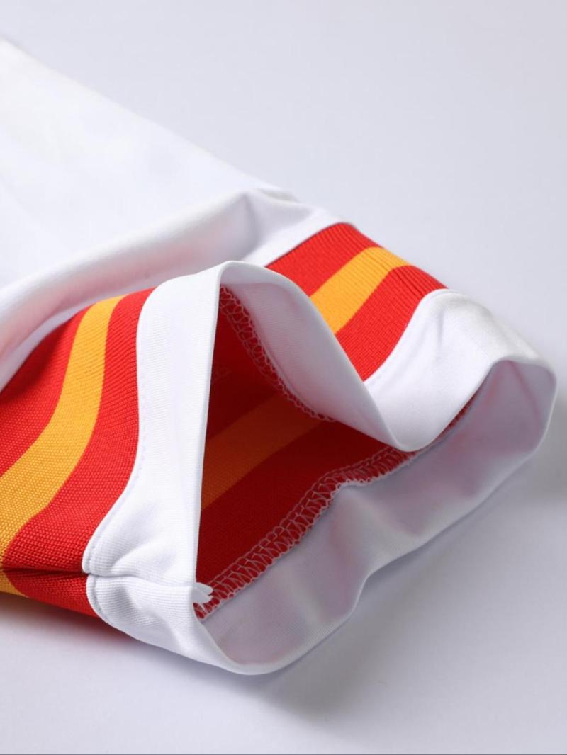 Product Introduction of Men's "KELCE 87" Letter & Number Patched Striped Print V Neck Tee, Loose Casual Breathable Short Sleeve T-Shirt for Daily Wear, Men's Top for All Seasons 30