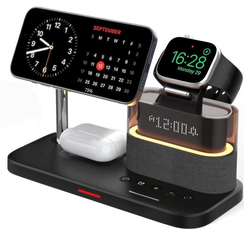 Product Introduction of 5-in-1 Wireless Charger for Smartphone, Wireless Multifunctional Charger with Clock, Magnetic Electronic Digital Wireless Charger Stand for iPhone 14 Pro Max, Apple Watch Series & Airpods, Gift for Mum, Men Gifts 0