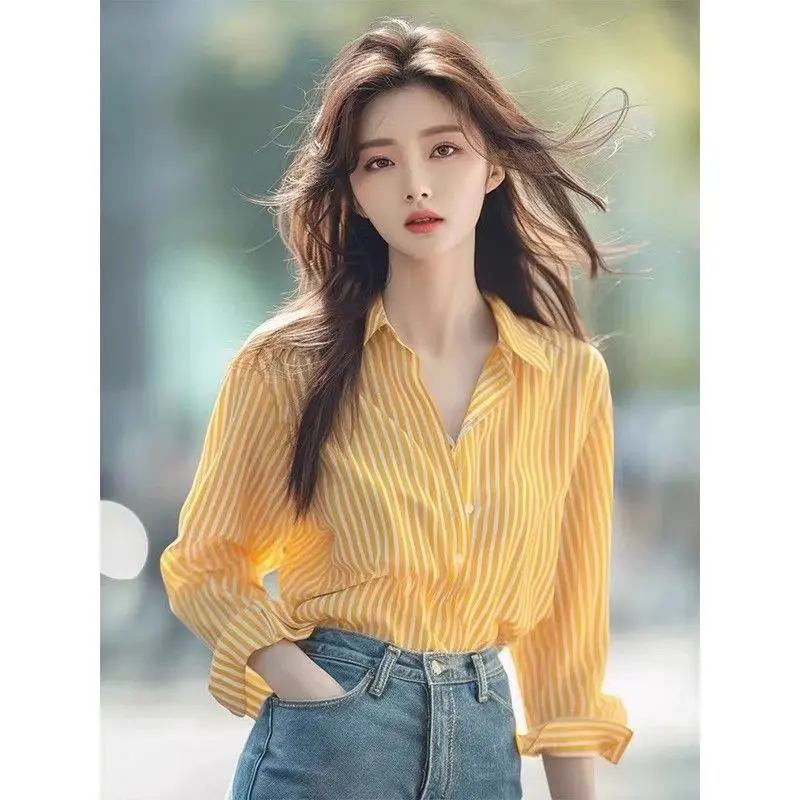 Áo Sơ Mi Sọc, Sọc Vàng, Dành Cho Nữ, Giá Cả Phải Chăng, Cao Cấp, Phong Cách Sang Trọng, Thích Hợp Cho Đầu Mùa Thu, Duyên Dáng Và Thời Trang, Áo Dài Tay, Hàng Mới Về, 2024