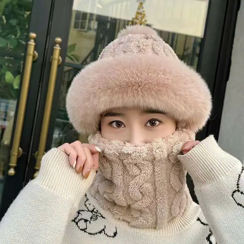 Set Mũ Len Trùm Đầu Viền Lông Kèm Khăn Ống Quàng Cổ Giữ Ấm Mùa Đông Cho Nam Nữ Cao Su 8