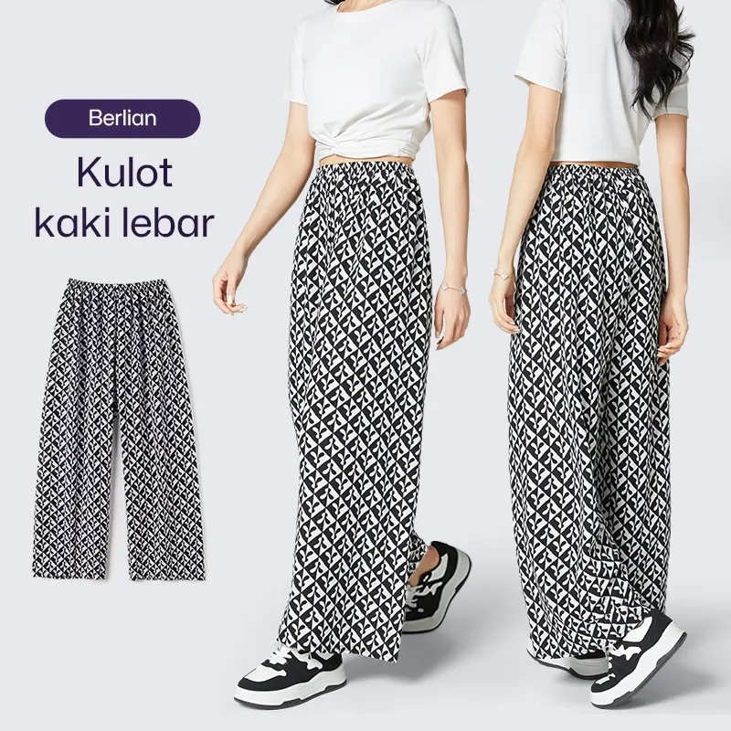 Celana Kotak Kulot Highwaist Celana Tartan Wanita Celana Korea Pinggang Elastis 2