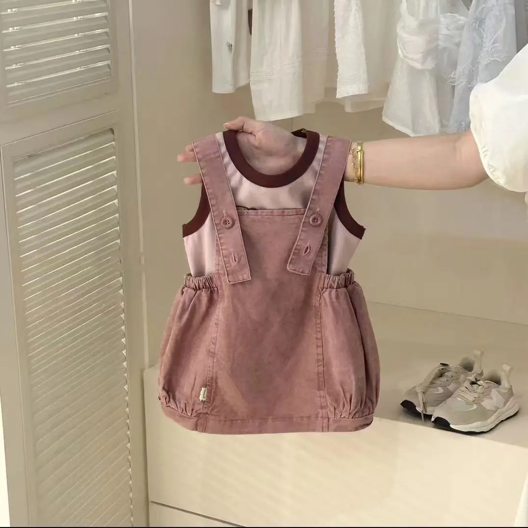 Bộ Váy Bé Gái Và Nữ, Phong Cách Hàn Quốc, Váy Mùa Hè Mỏng, Phong Cách Phương Tây, Váy Treo, Váy Denim Bé Gái, Bộ Hai Mảnh Giày Heo