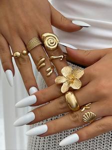 Conjunto de 8 anillos bohemios con elementos oceánicos, diseño de estrella de mar y concha, anillos de flores vintage y elegantes, perfectos para joyería de playa de verano y uso diario