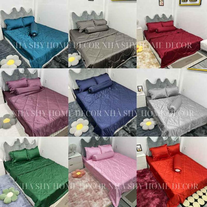 Trọn Bộ Chăn Gra Giường Phi Lụa Nhiều Màu - Bộ Nệm Phi Lụa Size M2 -M4 - M6 - Nhà Shy Home Decor xám bạc 4 món mềm mại ga