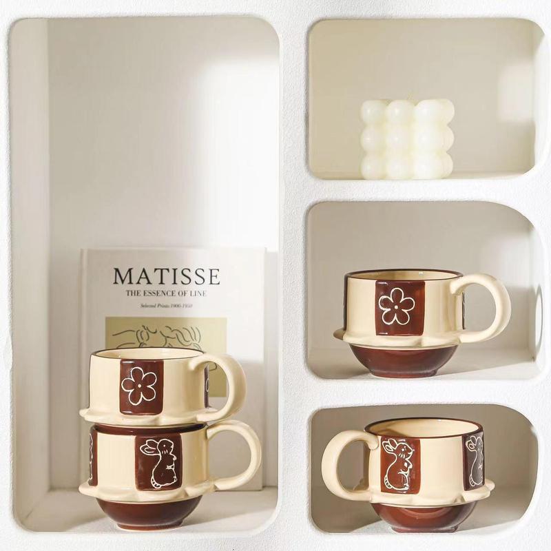 Hand Painted Ceramic Mug, 2 Counts/set Cute Coffee Cup, Creative Breakfast Cup, Milk Cup, Drinking Cup for Home Office Use, Drinkware 6