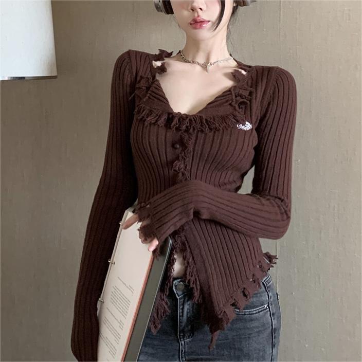  Áo len nữ dài tay kiểu cổ V bẻ tua rua vạt xẻ nhọn phong cách HQ Ôm gọn 