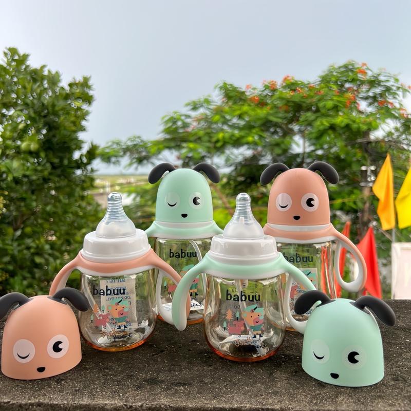 Babuu Bình Sữa Cho Bé Babuu Cổ Rộng Hoạ Tiết Cún 210ml/330ml Cho Bé - Phiên Bản Hoạ Tiết Cún Có 2 Màu Xanh Lá & Hồng Phấn - Sẵn Núm Cho Bé Từ 6m+