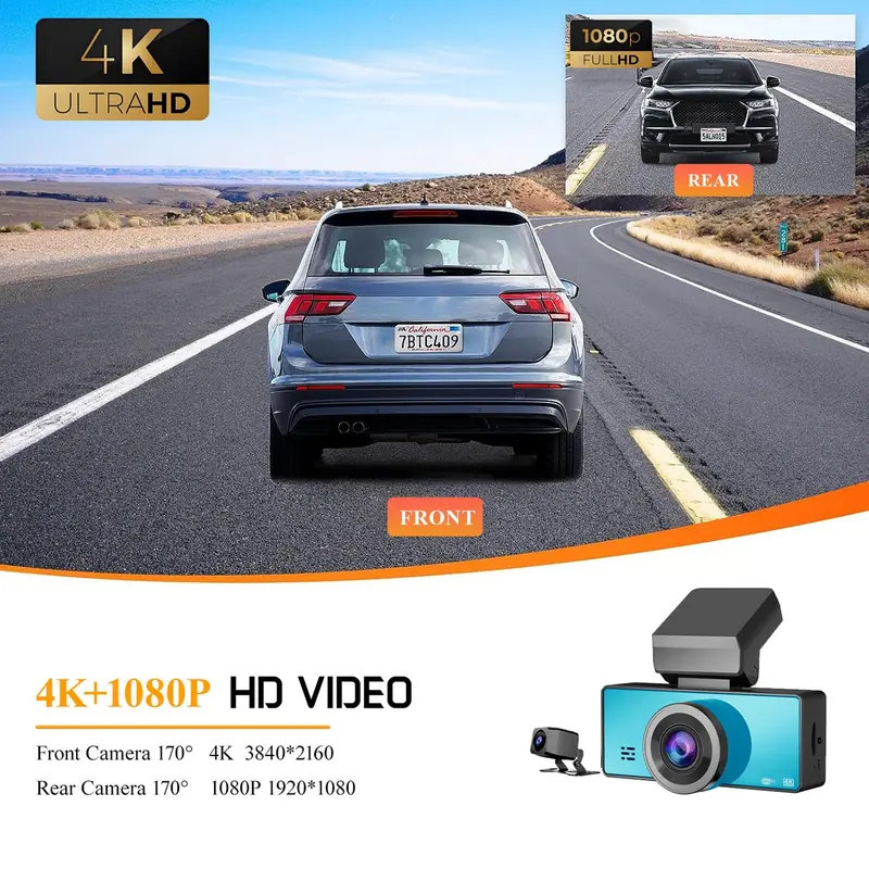 4K Car Video Recorder, 1 Set WiFi Dash Cam, 1080P Car Camera, Dual Lens Car Video Recorder, AHD HDR WDR Loop Recording Backup Camera, Parking Monitoring Night-Vision 6