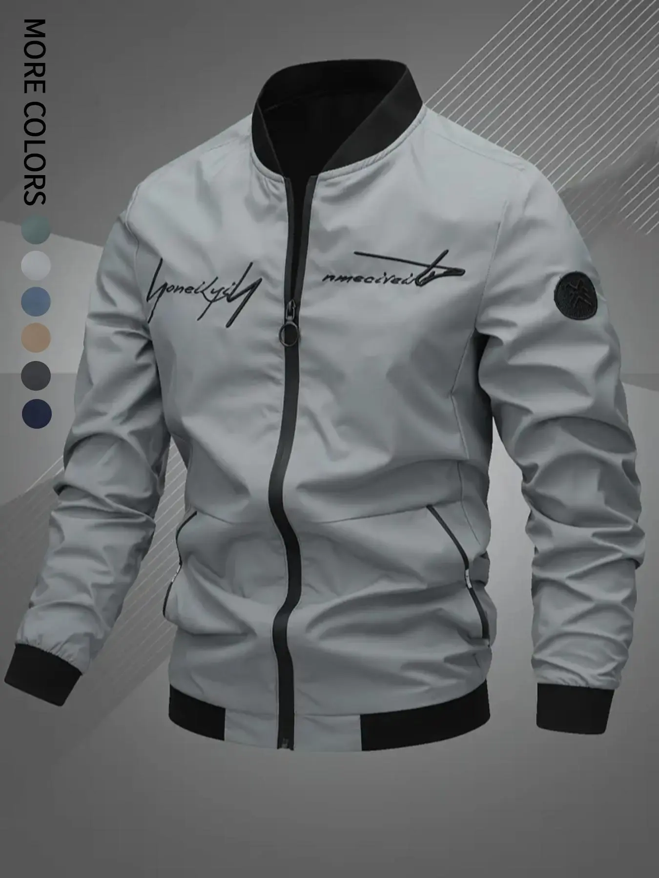Men's Regular Fit Letter Embroidery Zip Up Bomber Jacket, Casual Long Sleeve Windproof Baseball Collar Outerwear for Fall & Winter, Men's Clothes for Daily Wear, Jackets for Men, Coat