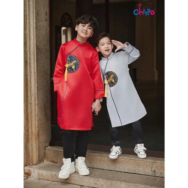 Áo dài tết dáng cách tân hình chim Hạc đón tết Chippo cho bé trai từ 3 đến 15 Tuổi(12-55Kg) AD hạc 1