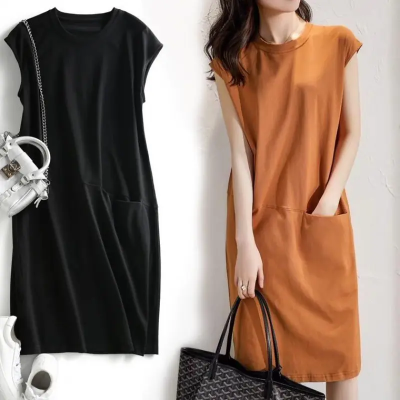 2024 Summer Popular Loose Solid Color T-shirt Dress Women's Korean-Style Mid-Length Fairy Dress Casual Womenswear