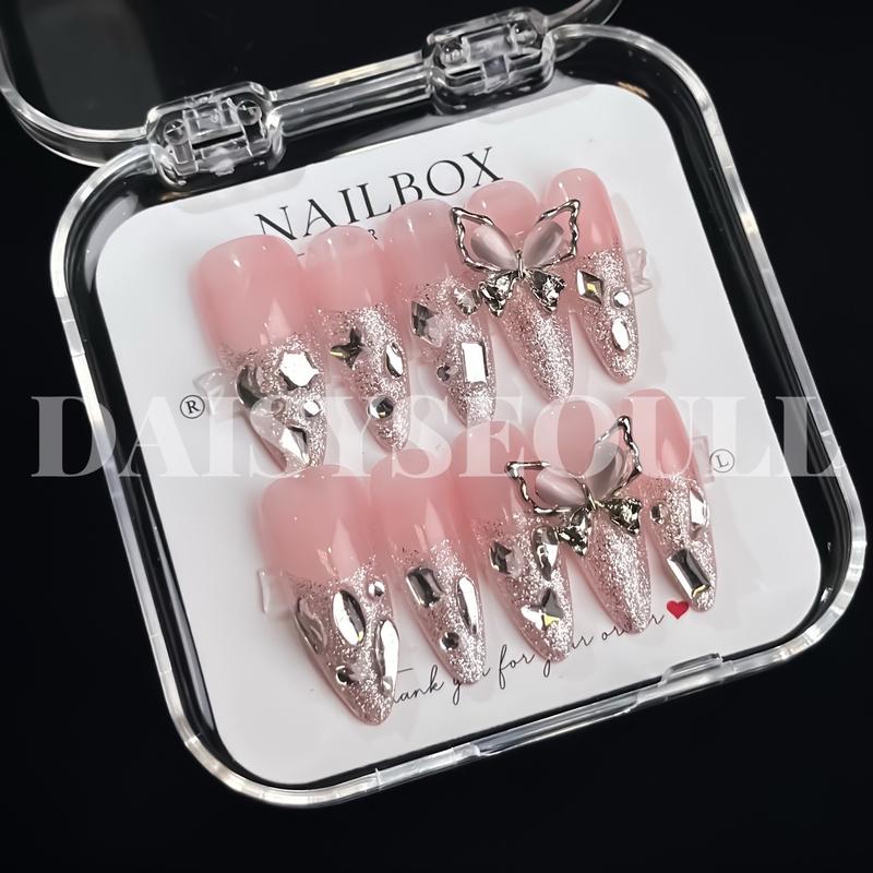 Nail box đính đá màu thạch hồng xinh - móng tay giả đính đá cô dâu màu thạch hồng