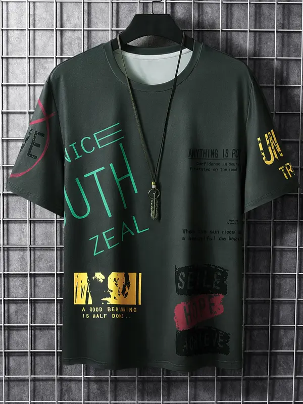 Men's Summer Letter Print Round Neck Tee, Short Sleeve T-Shirt, Casual Street Top for Men, Men Clothing for Summer Daily Wear, Summer Clothes 6
