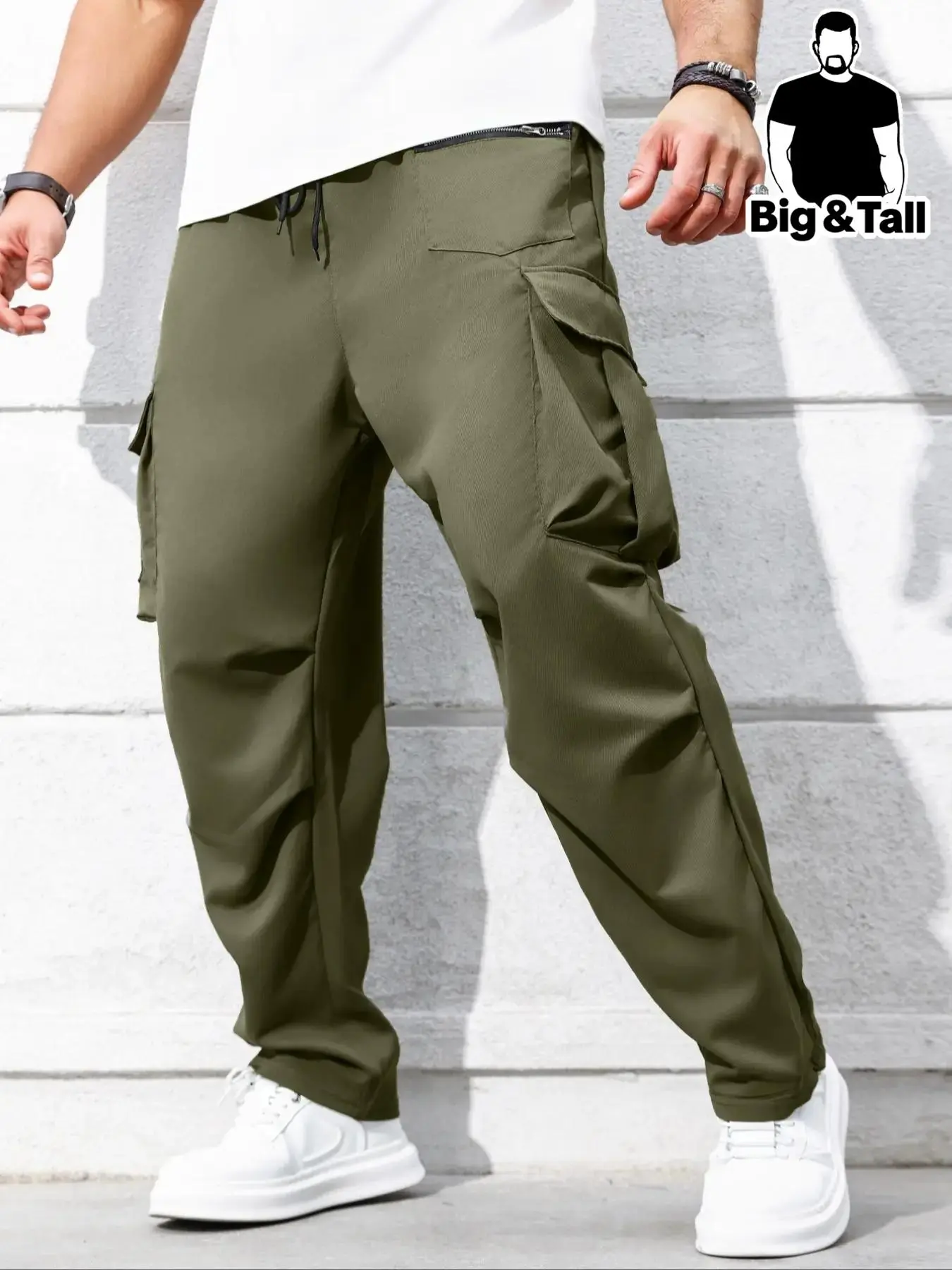 Men's Plus Size Solid Flap Pocket Cargo Pants, Plus Size Casual Regular Fit Drawstring Waist Jogger Pants For Daily Wear, Men's Trousers For All Seasons