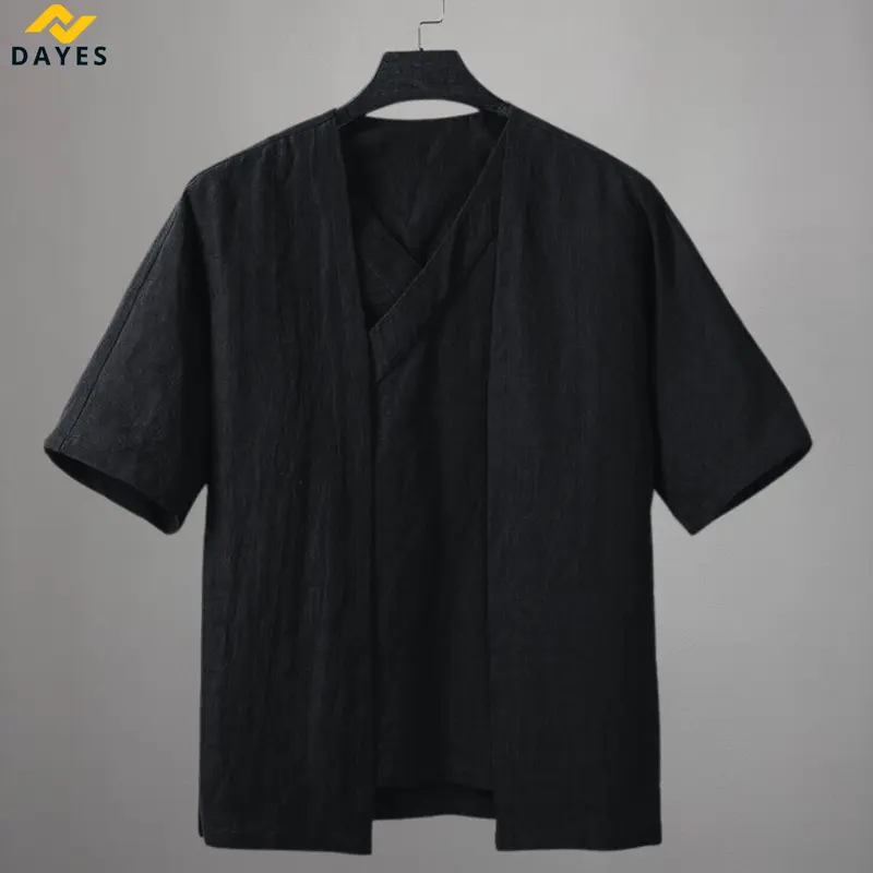Dayes Kobe Shirt Kemeja Pria | Hakama | Pakaian Jepang Pria Men's Cotton Linen Baju   Kain Khaki Navy Panjang Tangan Casual Hitam 1