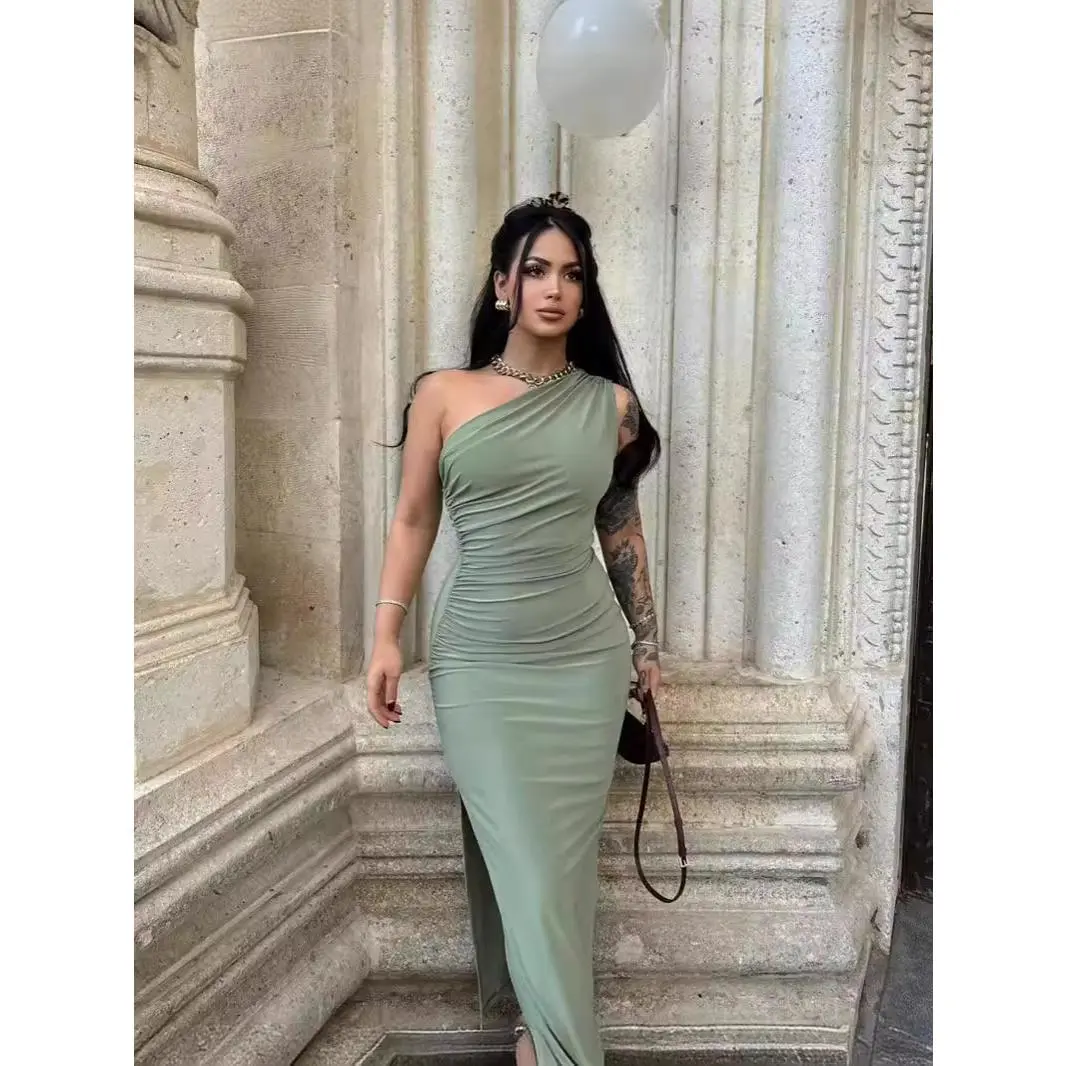 Pakaian Wanita, Gaya Eropah dan Amerika, Warna Pejal, Satu Bahu, Tanpa Lengan, Rekaan Berlipat, Celah, Gaun Elegan, Musim Panas 2024 Ketibaan Baru, Ac022 Casual Dress