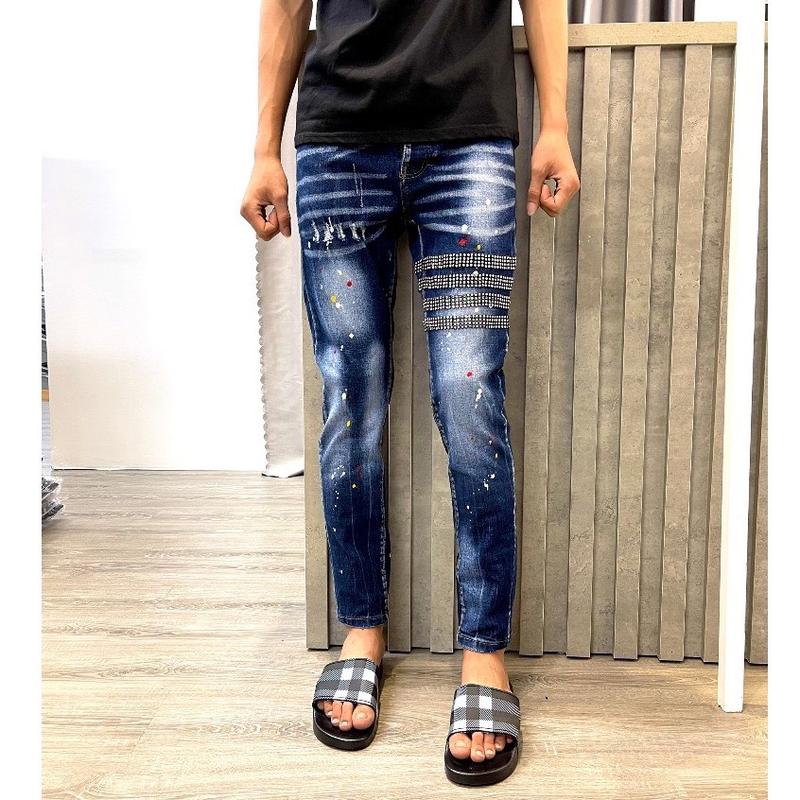 Quần dài jean nam xanh 4 cúc phối 4 viền đính đá phong cách thời trang mẫu mới
