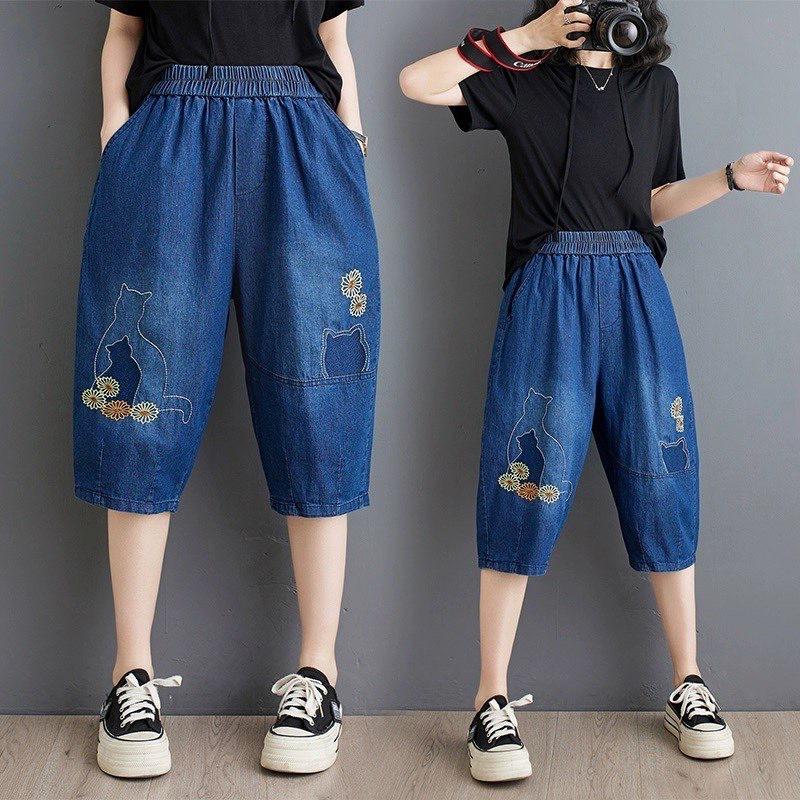 Quần ngố lửng nữ vải bò thêu mèo cá tính M28 Voi Jean Bo Chun