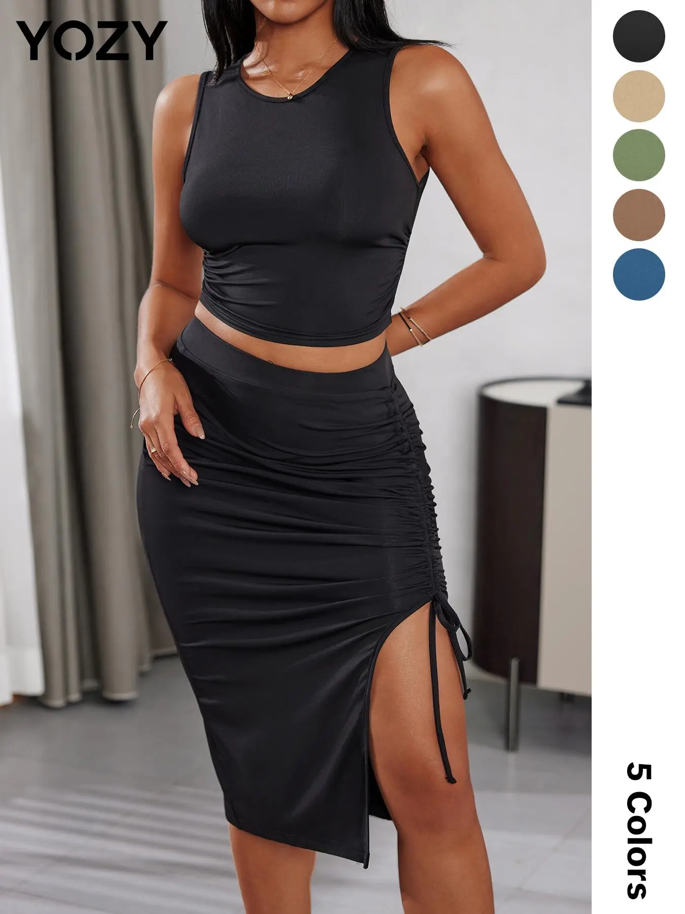 Yozy Round Neck Tank Top & Drawstring Waist Dress Set, Casual Solid Sleeveless Top & Split Thigh Skirt, 2024 Women's Daily Wear for Spring & Summer, Comfy Two Piece Sets, Top and Dresses for Women