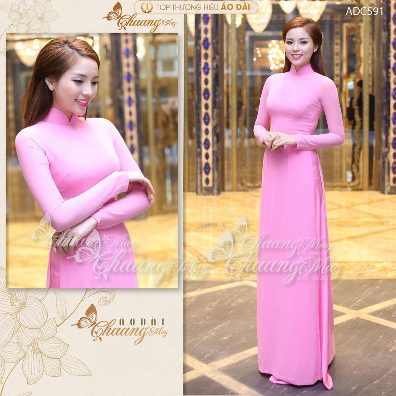 Áo dài truyền thống hồng phấn Chaang May sẵn ADC591 lụa Mỹ co giãn 4 chiều cao cấp lên form đẹp