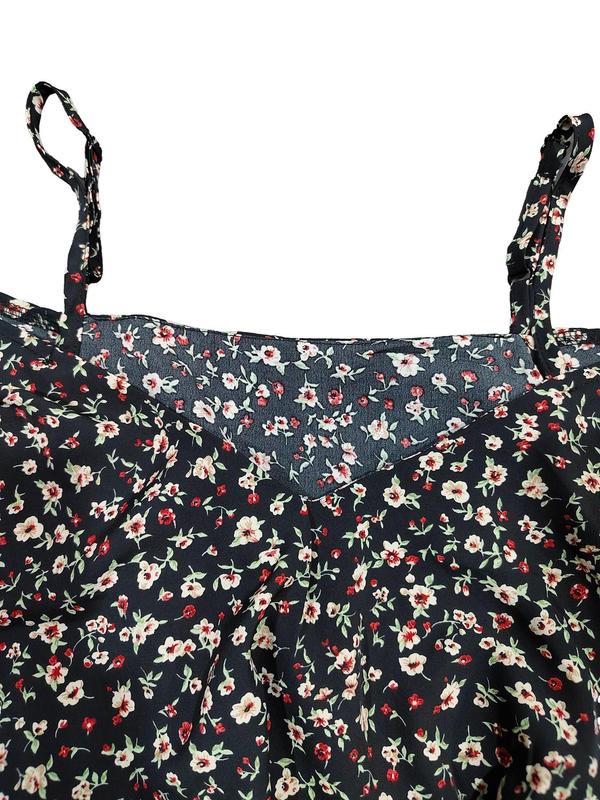 Plus Size Ditsy Floral Print Cold Shoulder Ruffle Trim A Line Dress, Boho Adjustable Strap Short Sleeve Dress for Beach Holiday Vacation, Women's Summer Clothes, Womenswear 4