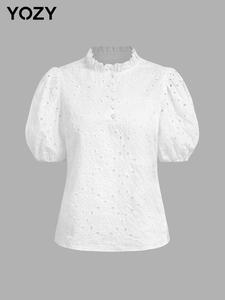 YOZY Women's Plain Hollow Out Blouse, Casual Puff Sleeve Top for Daily Wear, Ladies Clothes for All Seasons