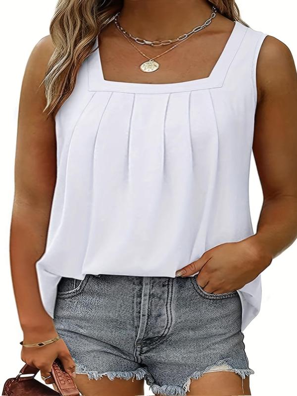 【Plus Size】 Plain Plicated Square Neck Tank Top, Casual Basic Minimalist Comfort Sleeveless Top for Daily Wear, Tank Tops for Women, Lady Plus Clothing for Spring, Womenswear, Summer Clothes 5