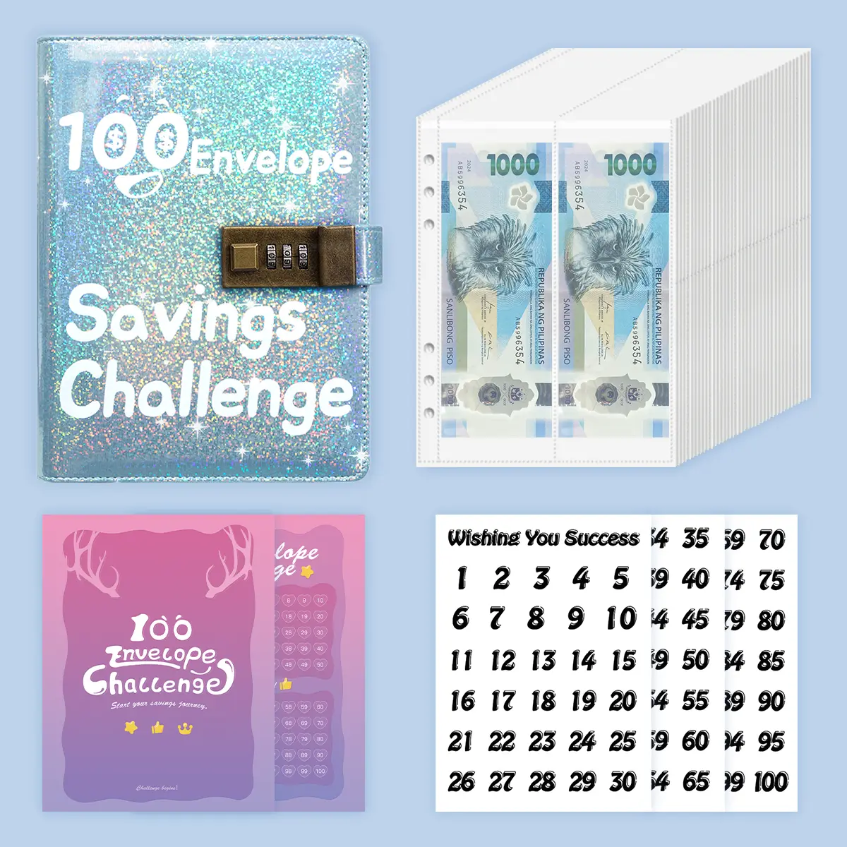 100K Peso Savings Challenge 100 envelope challenge binder savings book cash stuffing envelopes binder for budgeting challenging saving money easy and fun way tosave .Gifts for girls .Model:CQTZ-20/45 cash  envelopes