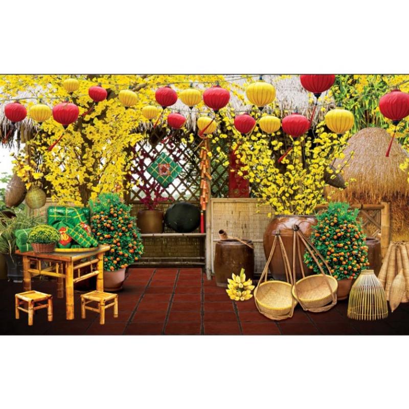 Phông nền Decor tết - Tranh vải trang trí Tết Cổ Truyền - Phông chụp hình tết kícḣ thước lớn 250cm x 150cm Treo Tường