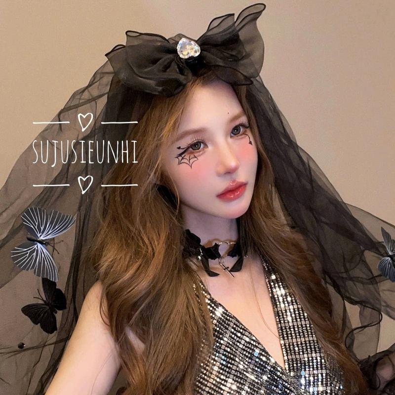 Khăn voan lúp cài đầu hình nơ trái tim gắn bướm đen hoá trang cô dâu phụ kiện tóc halloween huyền bí Hoa 1
