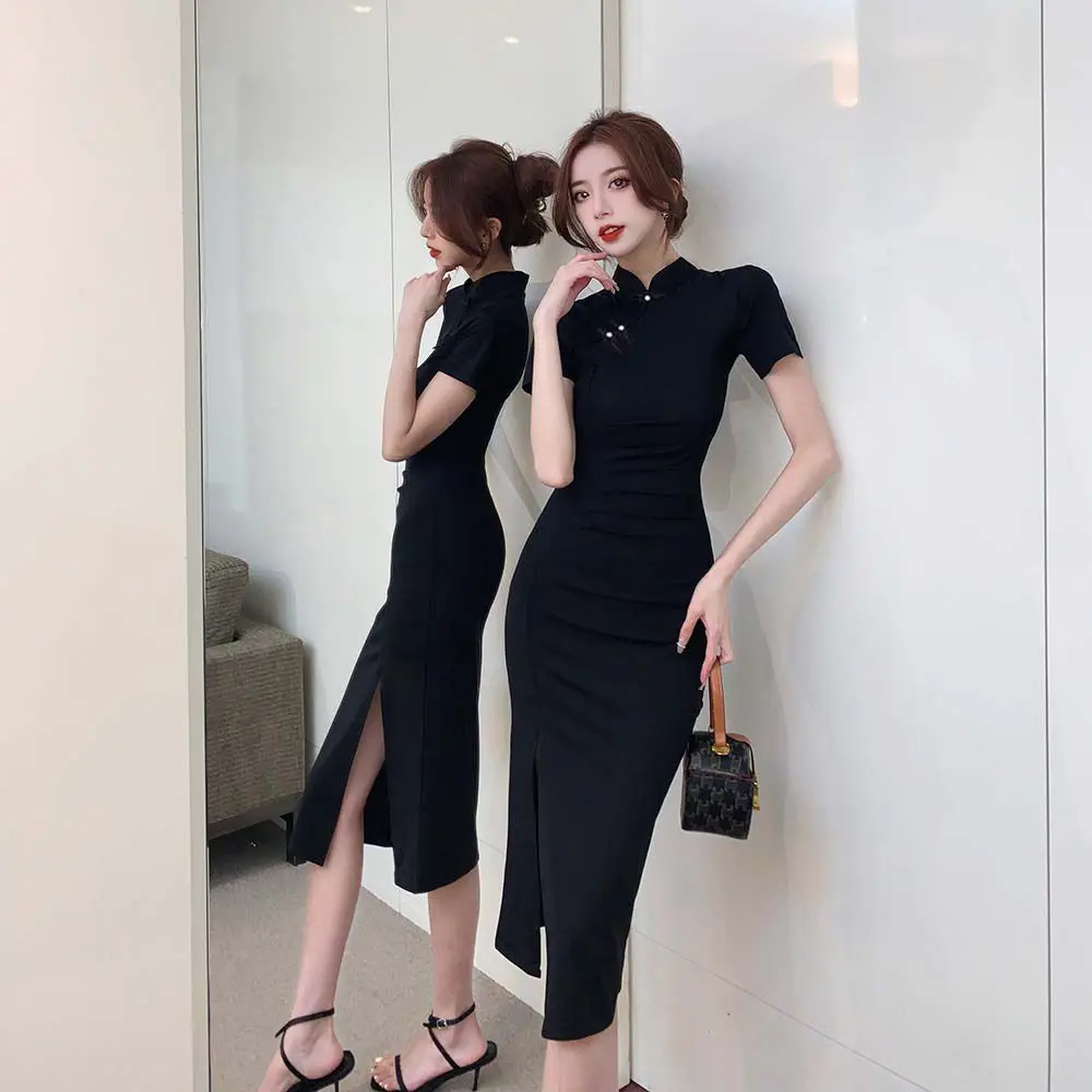 Black Cheongsam Modified Version 2024 Spring and Summer New Women's Chinese Style Young Elegant Dignified Dress 1/2 Pieces