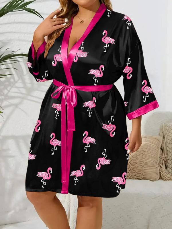 【Plus Size】 Flamingo Print Belted Robe, Casual Long Sleeve Robe, Women's Sleepwear for Spring & Fall 1