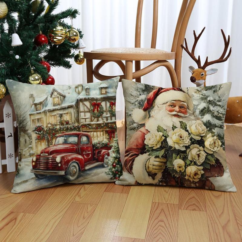 Product Introduction of Christmas Themed Pillow Case, 4 Counts/set Santa Claus & Animal Pattern Cushion Cover without Filler, Square Pillow Cover for Home Decor 6
