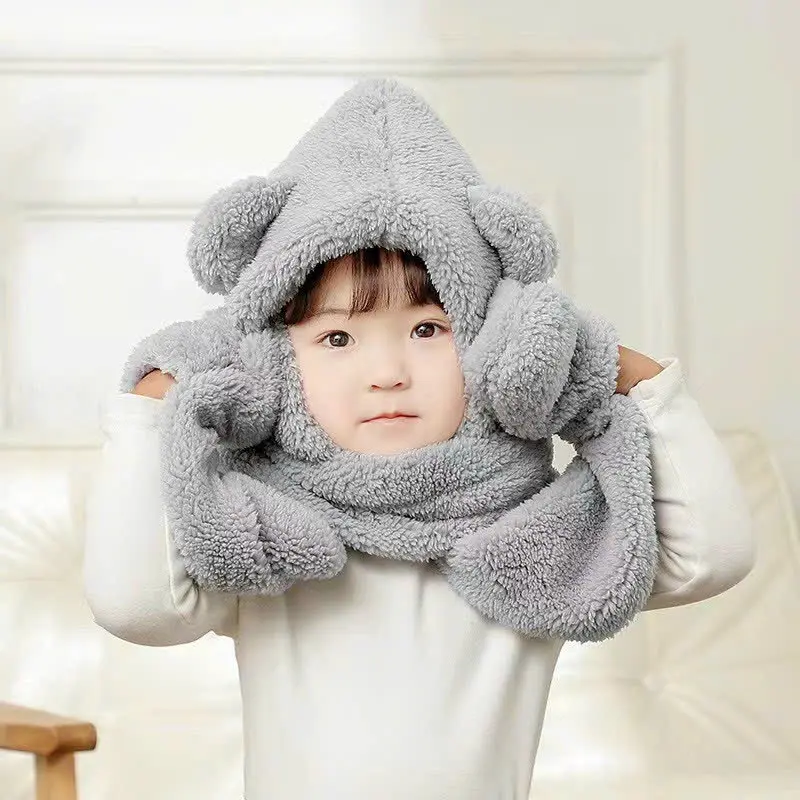 Mũ len lông cừu trùm đầu tai gấu liền khăn cổ giữ ấm kèm găng tay chồng gió lạnh mùa đông cho bé từ 3 - 15 tuổi