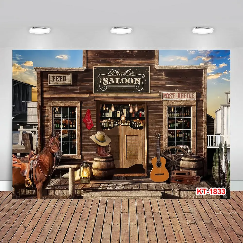 Western Cowboy Themed Party Backdrop, 1 Count Wooden House Barn Door Happy Birthday Party Photography Backdrop, Party Decoration Supplies