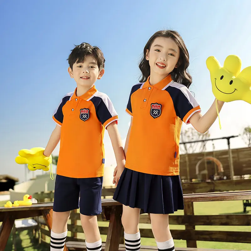 Primary School Uniform Summer Suit Children Business Attire Orange Short-Sleeved Polo Shirt Purified Cotton College Style Kindergarten Suit