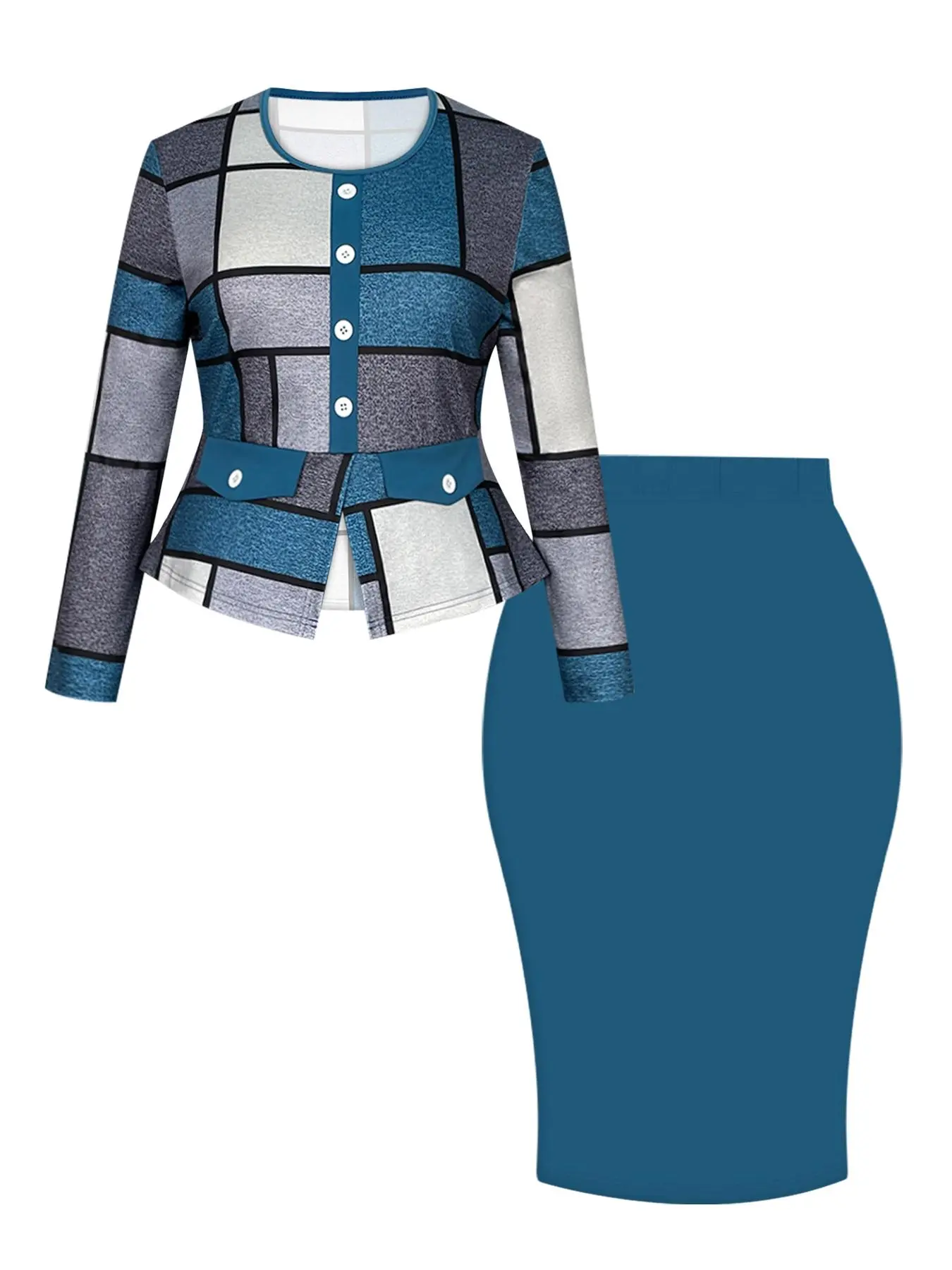 【Plus Size】 Two-Piece Set Plaid Print Button Split Hem Tee & Plain Skirt, Casual Long Sleeve Round Neck Top & Bodycon Skirt for Daily Wear, Women's Two-piece Outfits for All Seasons