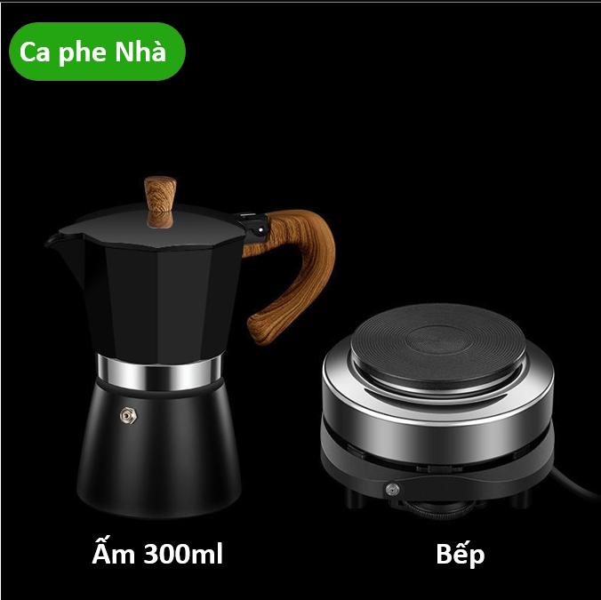 Combo bộ Bếp điện tròn 500W + bình pha cà phê moka 300ml (Phin chứa tối đa 30gr cà phê tùy độ mịn)