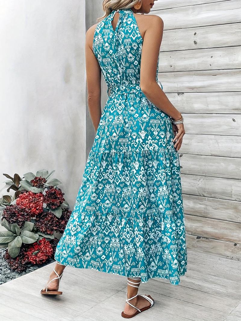Product Introduction of Women's All Over Print Belted A Line Dress, Casual Sleeveless Keyhole Neckline Long Dress for Spring & Fall, Women's Clothing for Daily Wear 2