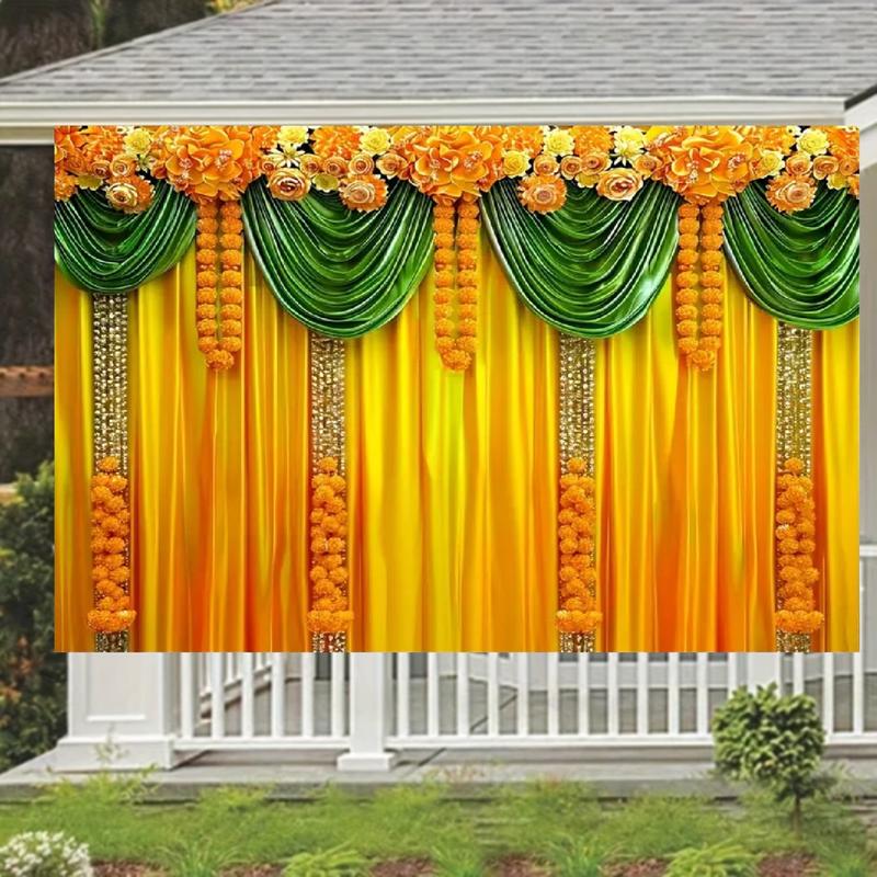 Product Introduction of 1pc Traditional Indian Marigold & Chrysanthemum Vinyl Backdrop - 5x3ft/5x7ft, Yellow & Green Curtain Design - For Hindu Weddings, Parties, Diwali Decorations - Perfect for Festive Celebrations & Events 2