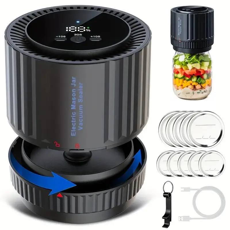 Electric Mason Jar Vacuum Sealer, USB Rechargeable Household Vacuum Sealer, Sealing Machine with 5 Counts 2.76inch Lid & 5 Counts 3.39inch Lid