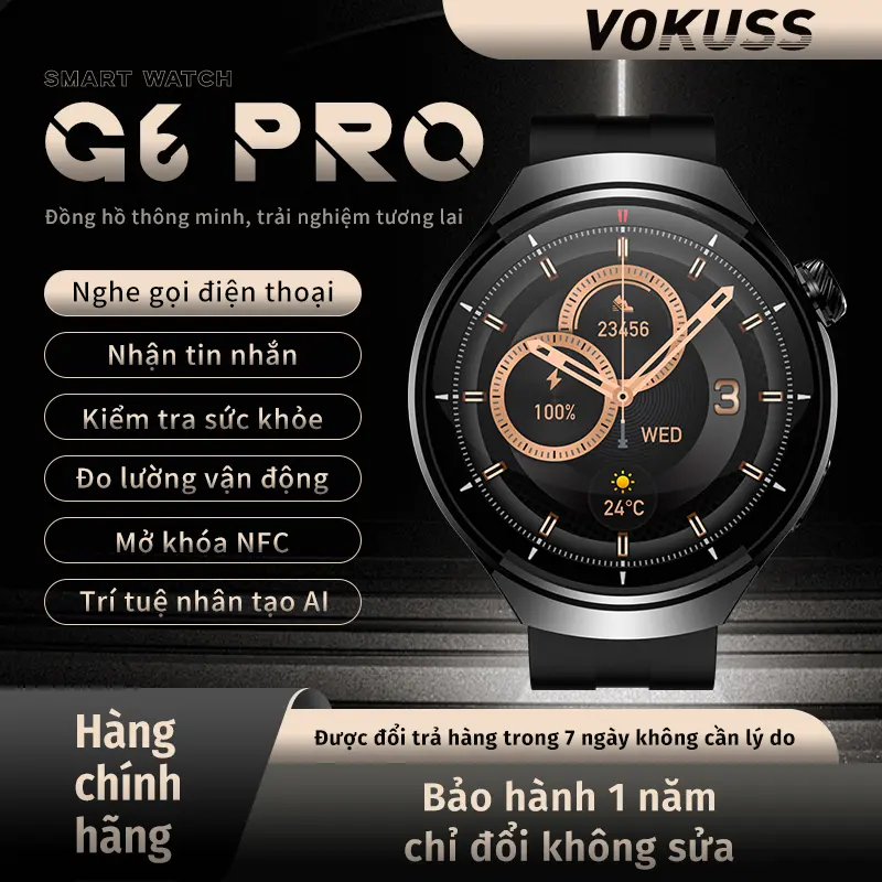 【VOKUSS】Đồng hồ thông minh mới G6 PRO giá sốc nhiều chức năng + Nghe gọi, nhận thông báo/ Đo lường sức khỏe/ Đo lường vận động/Chống nước/Tuổi thọ pin dài/Trí tuệ nhân tạo AI/Mở khóa cửa thông minh NFC---kèm nhiều dây đeo 【Dây đeo thể thao+Dây đeo thép】