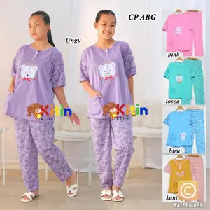 SL - CP SETELAN BAJU TIDUR DAN PIYAMA ANAK CEWEK/PEREMPUAN APLIKASI BORDIR SABLON DAN KANTONG MURAH MOTIF RANDOM BAHAN KAOS