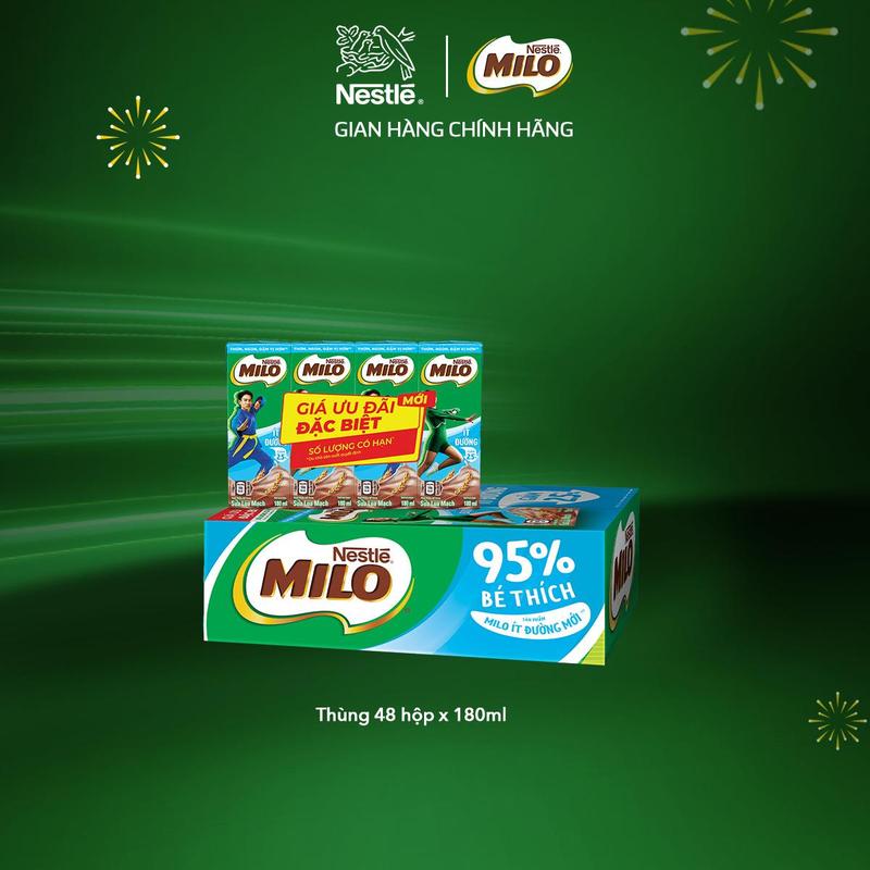 Nestlé VN Sữa lúa mạch Nestlé MILO ít đường thùng 48 hộp x 180ml (12x4x180ml)-LS
