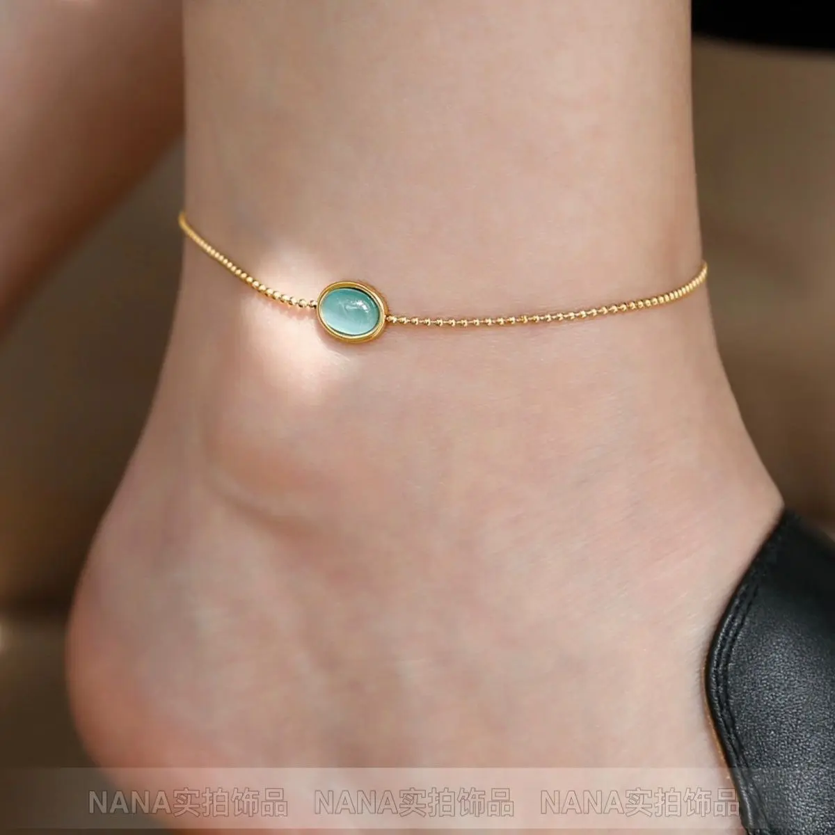 [Titanium Steel Color Retention] Korean Niche Light Luxury High-end Retro Blue Oval Cat's Eye Stone Anklet for Women