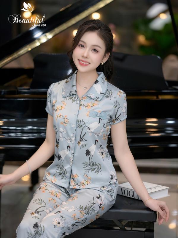 Đồ bộ nữ mặc nhà Y658C Lụa satin quần dài XANH con hạc cổ sen vòng sau 1