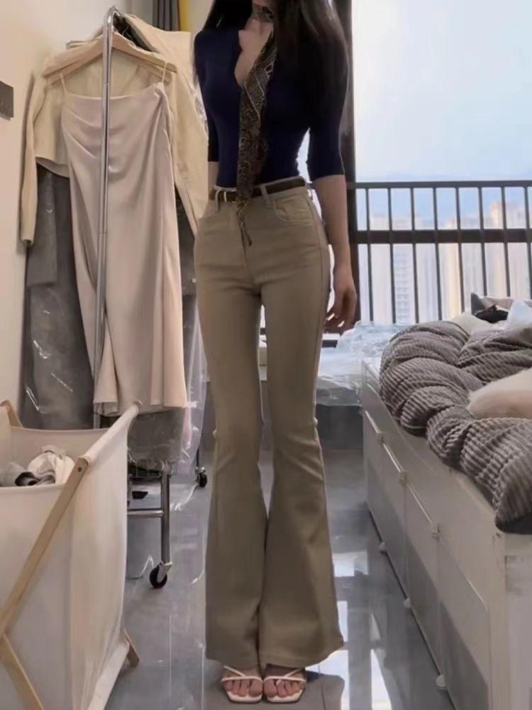 Product Introduction of Khaki High Waist Stretch Skinny Jeans Women's 2025 Winter Korean Style Washed Straight Speaker Pants Fashion Comfort Denim Pockets Streetwear Trouser Lingerie Slim Bottom Womenswear Fabric Basic Minimalist 7