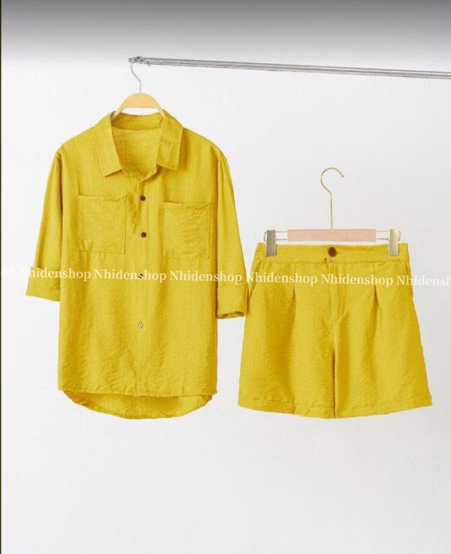 bộ đũi nữ - áo sơ mi dài tay + quần đùi sang chảnh Voi Women Nhung Top 1