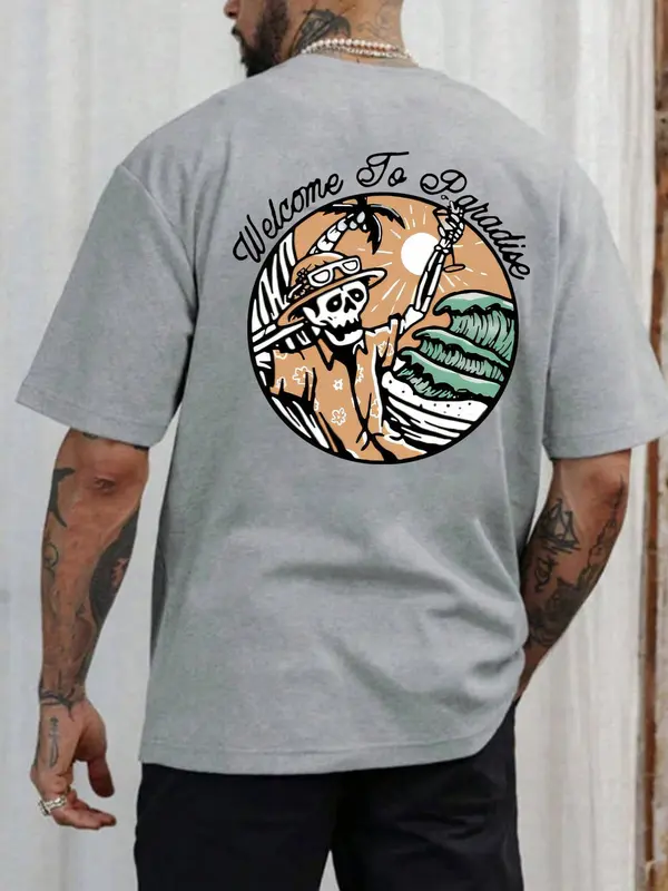Men's Skull & Letter Print Round Neck Tee, Regular Fit Casual Short Sleeve T-shirt for Summer, Men's Top for Daily Wear, Tropical 3